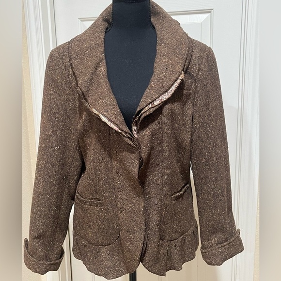 COLDWATER CREEK BROWN TWEED RUFFLED COLLAR PEPLUM,OFFICE SIREN JACKET SIZE 16. - Picture 1 of 12
